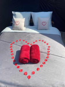 een hart gemaakt van rode kussens op een bed bij Bulle d Evasion Silly près de Pairi Daiza in Silly