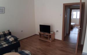 uma sala de estar com uma televisão de ecrã plano sobre uma mesa em Apartment V em Ohrid