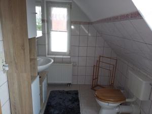 a bathroom with a toilet and a sink at Ferienwohnung "Dorfidyll" in Kneese Dorf