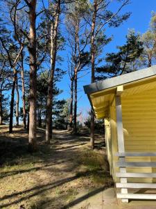 a side of a yellow building with trees in the background at Energetikas • nameliai prie jūros in Šventoji