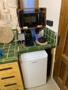 a kitchen with a counter with a microwave and a refrigerator at Precioso loft rural con estufa de leña panorámica in Torre del Compte +8 photos