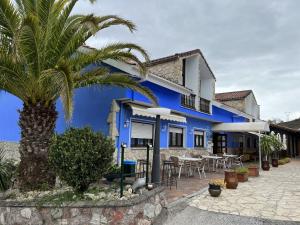 a blue house with a palm tree in front of it at Hotel Avelina in Cangas de Onís