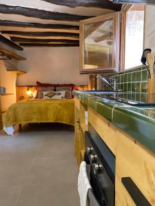 una cocina con fregadero y una cama en una habitación en Precioso loft rural con estufa de leña panorámica, en Torre del Compte