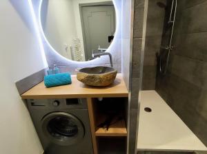 une salle de bain avec un lavabo et un miroir et une machine à laver dans l'établissement SURF Vue Mer 100m plage, à Berck-sur-Mer