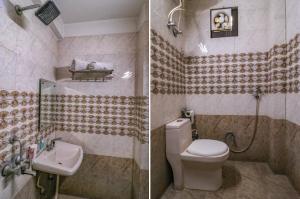 Duas fotografias de uma casa de banho com WC e lavatório. em FabHotel A One Noida Sector 11 em Noida