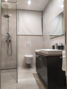 a bathroom with a toilet and a sink and a shower at Apartman Diana in Labin +8 photos