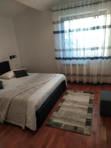 a bedroom with a bed and a window with a rug at Apartman Diana in Labin