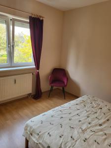 1 dormitorio con 1 cama, 1 silla y 1 ventana en Graz Liebenau, en Graz