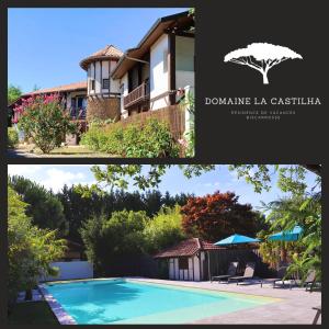 uma colagem de duas fotos de uma casa e uma piscina em Domaine La Castilha em Biscarrosse