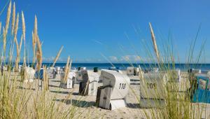 a beach with a row of toilets in the sand at Haus 4 Jahreszeiten- Fewo Frühling mit Terrasse, Bio-Kamin und 2 Schlafzimmer in Ostseebad Karlshagen