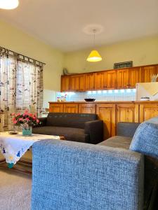 Village Apartment في ماراثياس: غرفة معيشة مع أريكة وطاولة