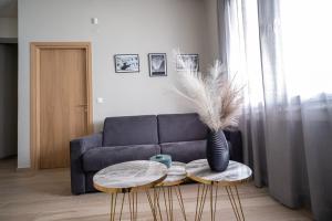 ein Wohnzimmer mit einem Sofa und zwei Tischen mit einer Vase in der Unterkunft Elia Didotou City Apartments in Athen