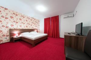 アルバ・ユリアにあるPensiunea Selectの赤いカーペットフロアのベッドルーム1室(ベッド1台付)