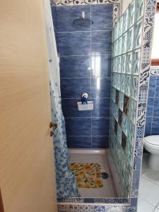 a bathroom with a shower with a drain in the floor at Villa Melania ( Delfino BLU) in Lampedusa