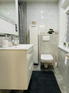 a white bathroom with a toilet and a sink at Domek Zielone Centrum in Stronie Śląskie