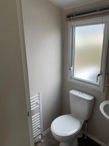 a bathroom with a white toilet and a window at Skegness,North shore holiday park , new 8 berth caravan for rent in Skegness