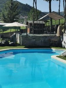 a large blue swimming pool with an umbrella at Quinta da Cartida in Santa Marinha do Zêzere