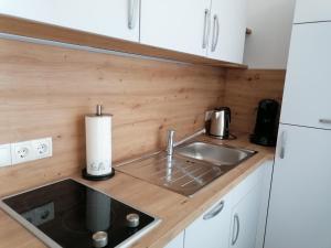 a kitchen with a sink and a refrigerator at Apartment Lieblingsort in Kreuzwertheim