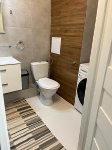 een badkamer met een toilet en een wasmachine bij Kawalerka SŁONECZNA osiedle DOBRZEC in Kalisz