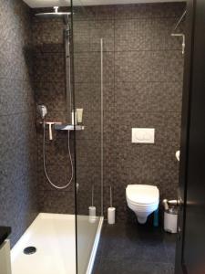 a bathroom with a shower and a toilet at Apartment Mauritius in Knokke-Heist