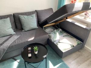 sala de estar con sofá y mesa en Holiday apartment, en Leipzig