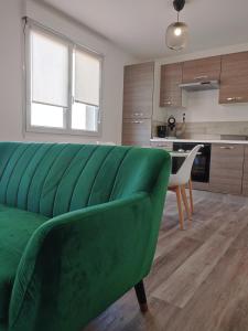 a living room with a green couch and a kitchen at Calme et charmant T1 bis in Brest