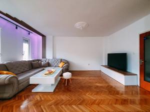 a living room with a couch and a tv at Wel Apartment in Gevgelija