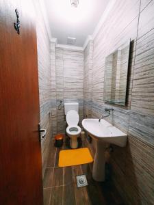 a bathroom with a white toilet and a sink at Wel Apartment in Gevgelija