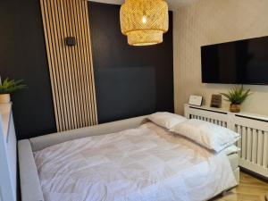 a bedroom with a bed and a flat screen tv at Modern 1 bed apartment next to beach and golf course in Llanelli +36 photos