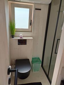 ein kleines Badezimmer mit Toilette und Fenster in der Unterkunft BUQEZ RESORT, Vila 51 in Drage + 37 Fotos