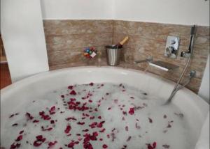 eine Badewanne mit roten Blumen im Bad in der Unterkunft Suite Rural Oasis in Benamahoma