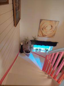 リレハンメルにあるEgil's Vacation Houseのピンクとブルーの線の家の階段