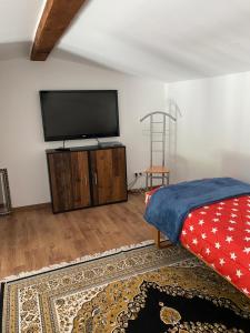 a bedroom with a flat screen tv and a bed at Spaß & Ferien auf dem Alpaka Hof 2 in Lenschow