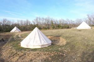 een groep van drie tenten in een veld bij Camping Arbre de Vie in Montagnac