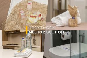 a collage of pictures of a bathroom with towels and a sink at Boulevard 129E - Excelente apartamento em condomínio de luxo no centro de Bombinhas - Piscina - Jacuzzi - Academia - Portaria 24h. in Bombinhas