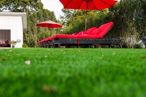 a group of red chairs and umbrellas on a lawn at Seven - a boutique B&B on Shelter Island in Shelter Island