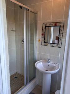 a bathroom with a shower and a sink at Sola Fide Self Catering Apartment in Jeffreys Bay
