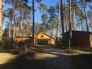 een hut in het bos met een hek en bomen bij Domek Dębowy 1 in Lubniewice
