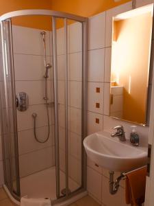 uma casa de banho com um chuveiro e um lavatório. em Lakeview Appartements em Zeuthen