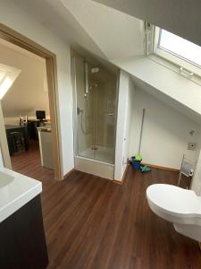 ein Bad mit einer Dusche, einem WC und einem Waschbecken in der Unterkunft Pension Haselmann in Münster