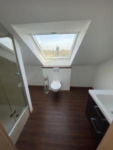 a bathroom with a toilet and a skylight at Pension Haselmann in Münster