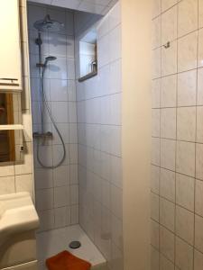 a bathroom with a shower with a glass door at Haus Koch-Lechner in Marquartstein