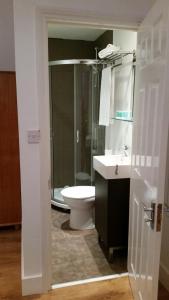 La salle de bains est pourvue de toilettes, d'un lavabo et d'une douche. dans l'établissement Shepherd's Bush Flats, à Londres