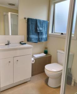 a bathroom with a toilet and a sink and a window at Eureka Views B&B Ballarat in Ballarat
