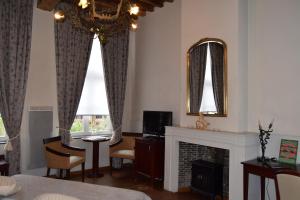 a living room with a fireplace and a mirror at Oranje City Hotel in Diest