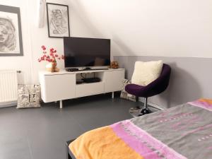 1 dormitorio con 1 cama, TV y silla en Holiday Home Livada, en Liubliana