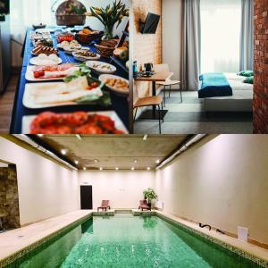 a hotel room with a swimming pool and a room with food at Bursztynowy Sen Stegna in Stegna