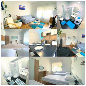 a collage of four pictures of a room at Rojena vala - Neretva in Komin