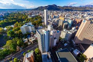 an aerial view of a city with tall buildings at Meteor Shower in Sapporo
