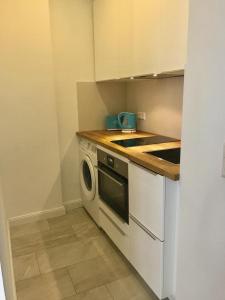 eine kleine Küche mit Herd und Geschirrspüler in der Unterkunft Ferienwohnung Dublin in Hannover